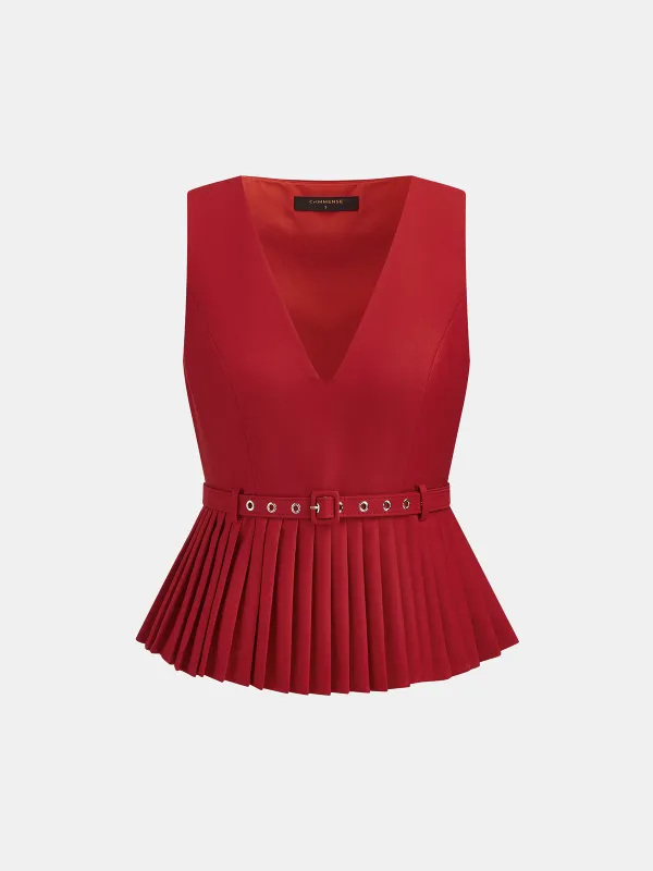 Pleated Belted V Neck Tank Top made by COMMENSE