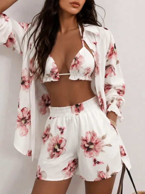 Floral Print Three-Piece Shorts Set made by COMMENSE
