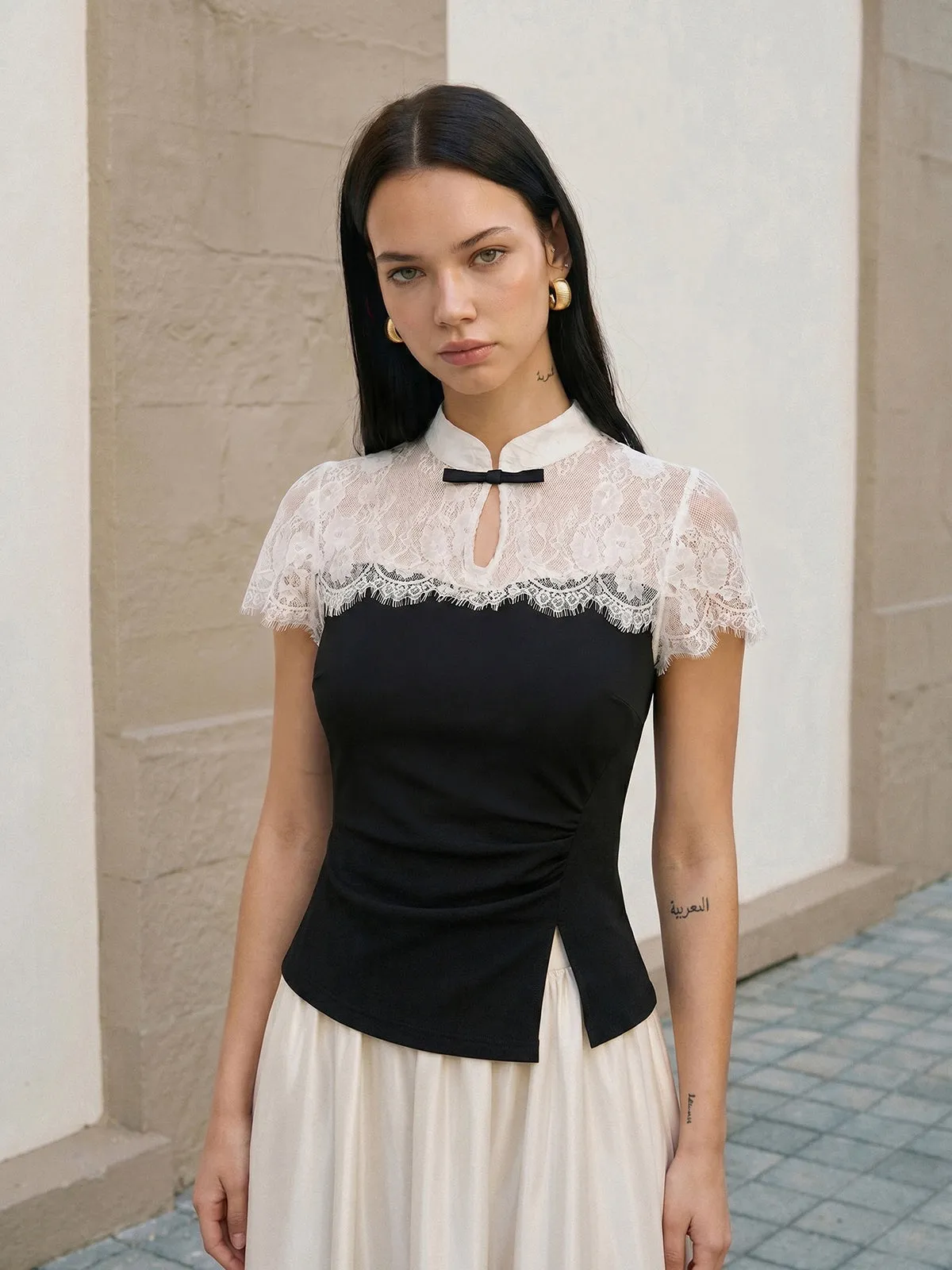 Lace-Collar Ruched Top & Flowy Maxi Skirt Set sold by COMMENSE product image thumbnail 2