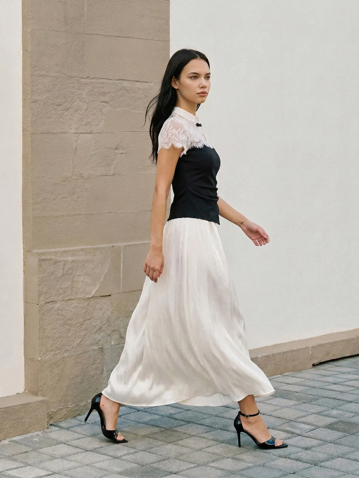 Lace-Collar Ruched Top & Flowy Maxi Skirt Set sold by COMMENSE product image thumbnail 3