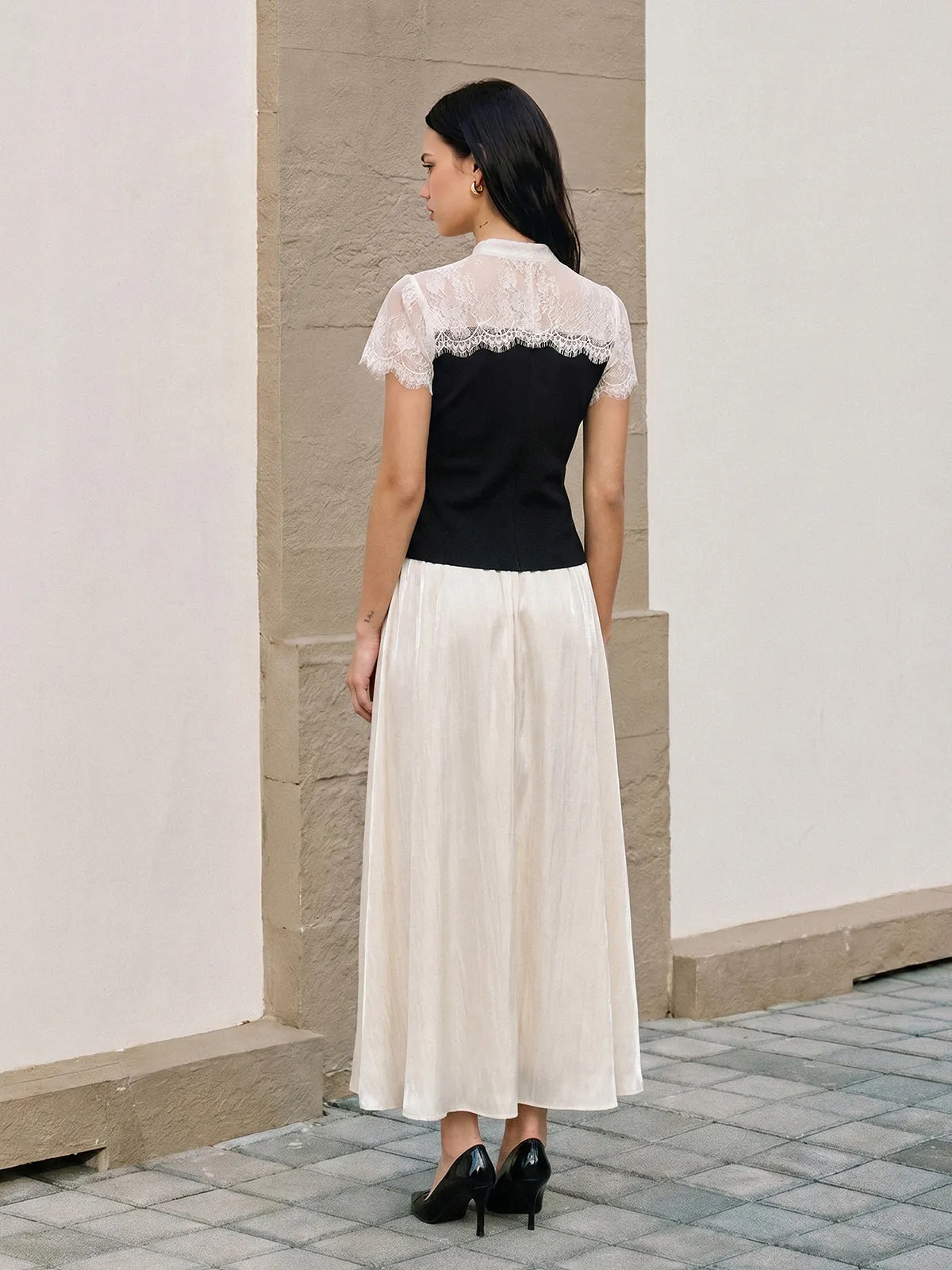 Lace-Collar Ruched Top & Flowy Maxi Skirt Set sold by COMMENSE product image thumbnail 4