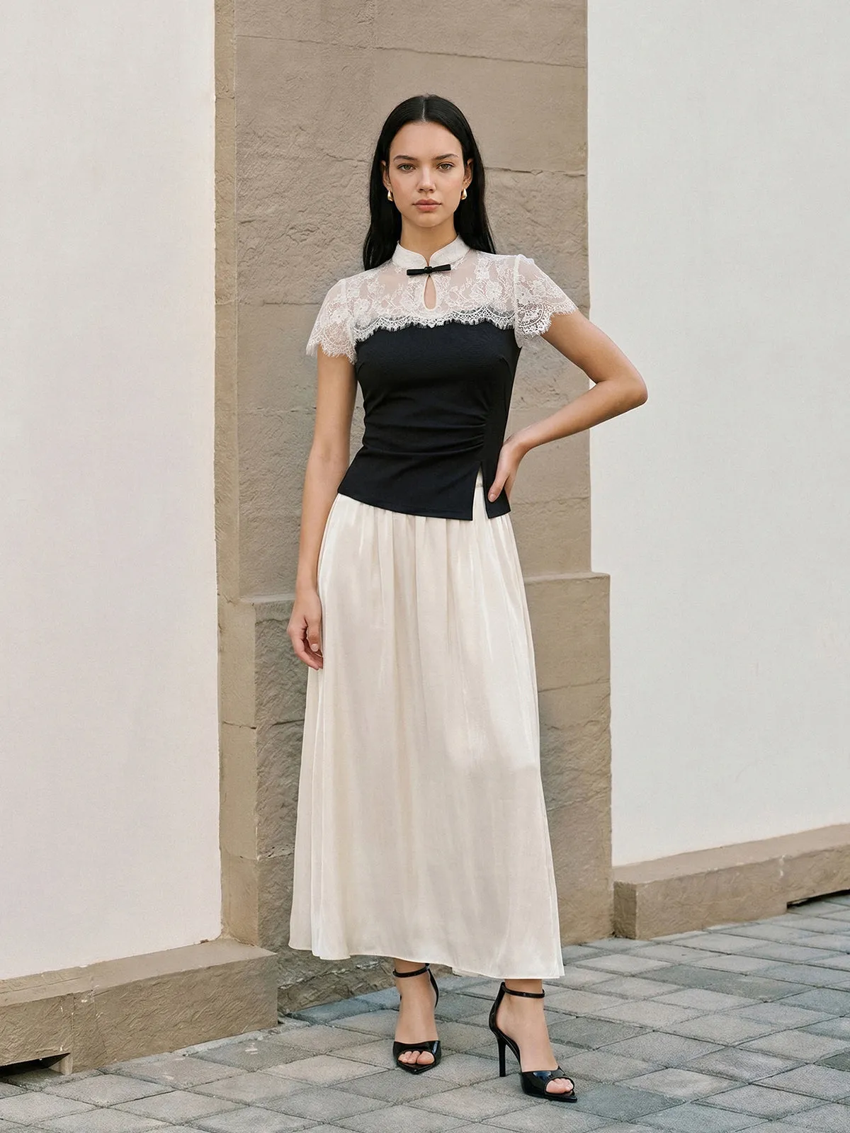 Lace-Collar Ruched Top & Flowy Maxi Skirt Set sold by COMMENSE
