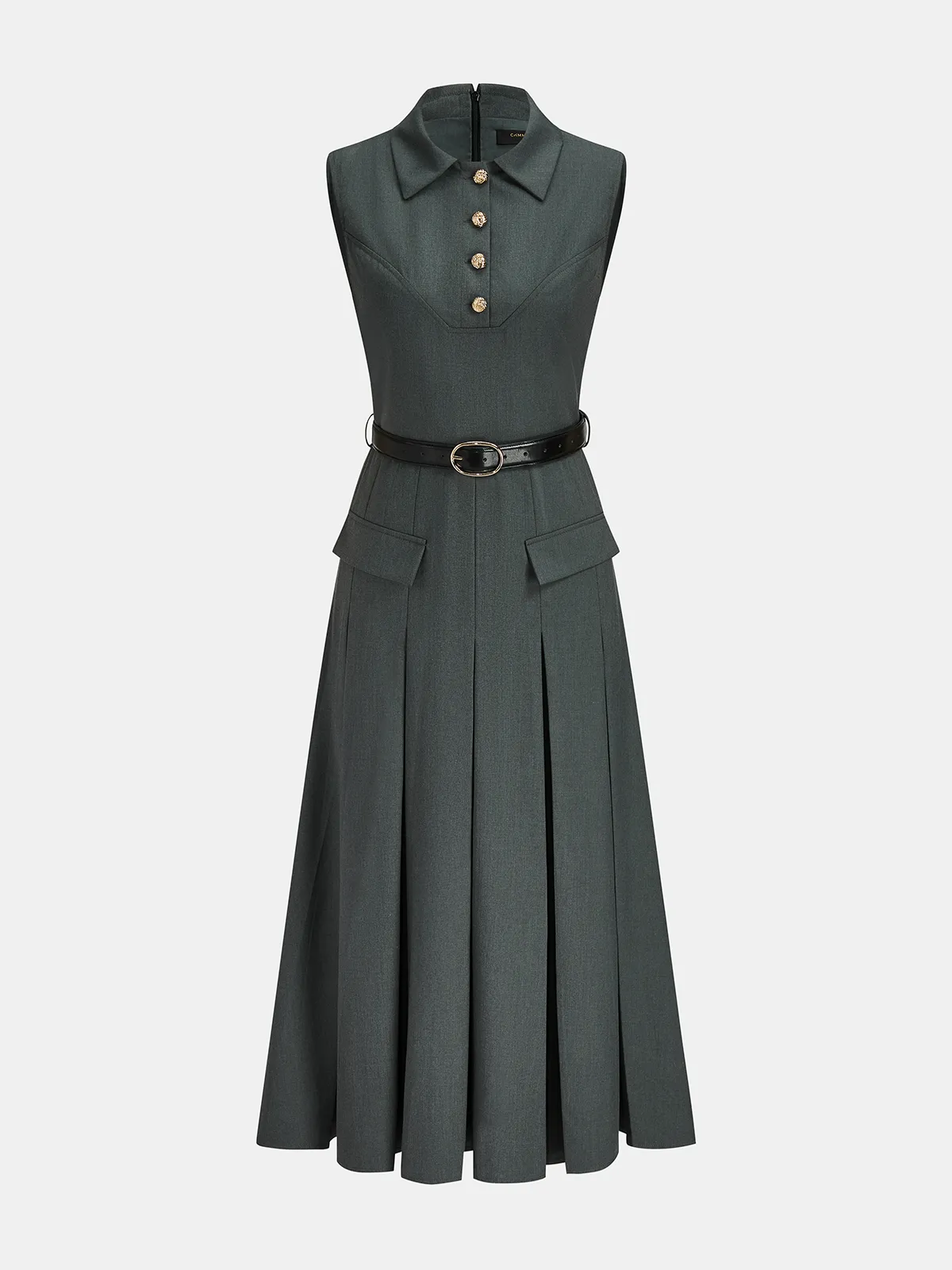 Belted Collared Pleated Midi Dress sold by COMMENSE product image thumbnail 2