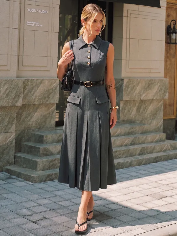 Belted Collared Pleated Midi Dress made by COMMENSE