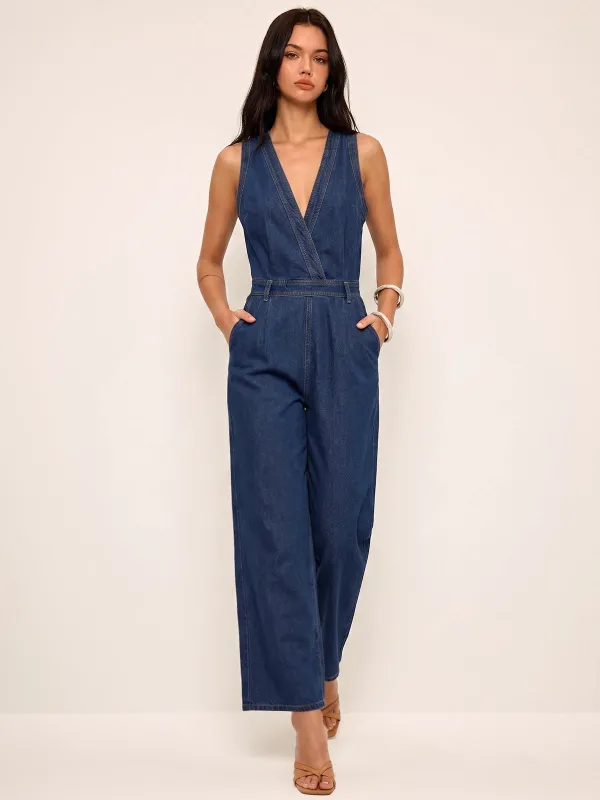 Denim V-Neck Sleeveless Jumpsuit made by COMMENSE