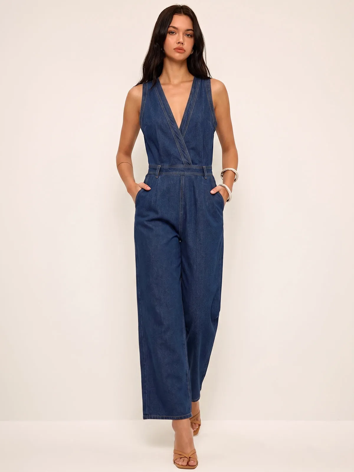 Denim V-Neck Sleeveless Jumpsuit sold by COMMENSE