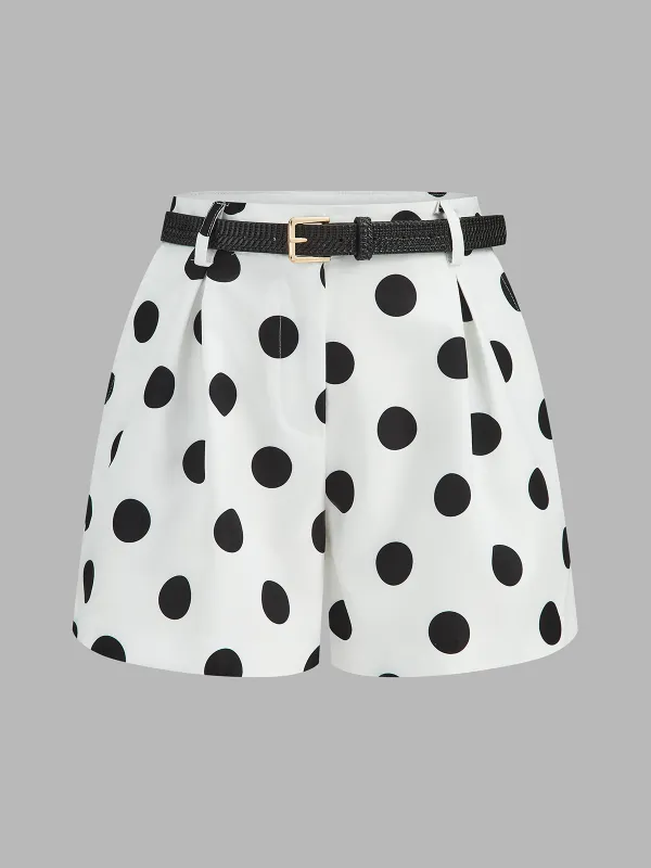 Belted Polka Dot Mid-Waist Shorts made by COMMENSE