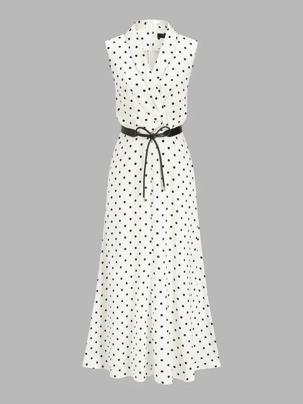 Polka Dot Sleeveless Belted Maxi Dress made by COMMENSE