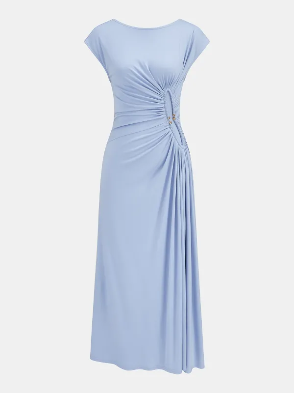Cap Sleeve Ruched Cutout Maxi Dress made by COMMENSE