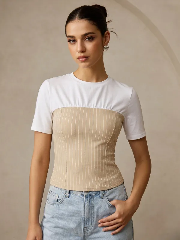 Color Block Striped Short Sleeve Top made by COMMENSE