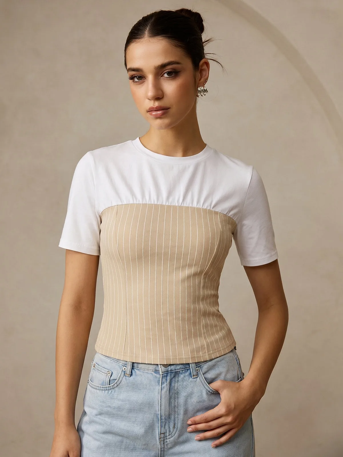 Color Block Striped Short Sleeve Top sold by COMMENSE