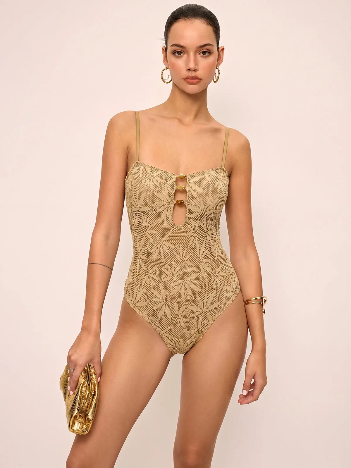 Bead Accent Leaf Lace One-Piece Swimsuit sold by COMMENSE product image thumbnail 2