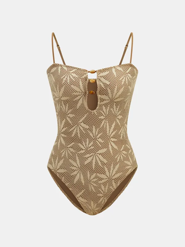 Bead Accent Leaf Lace One-Piece Swimsuit made by COMMENSE