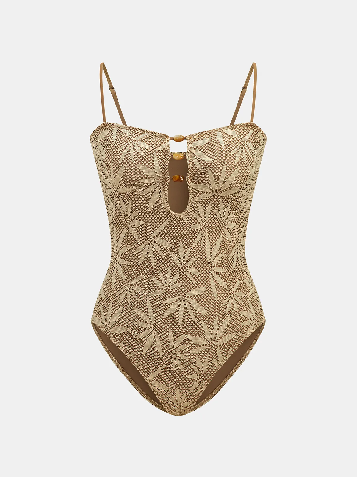 Bead Accent Leaf Lace One-Piece Swimsuit sold by COMMENSE