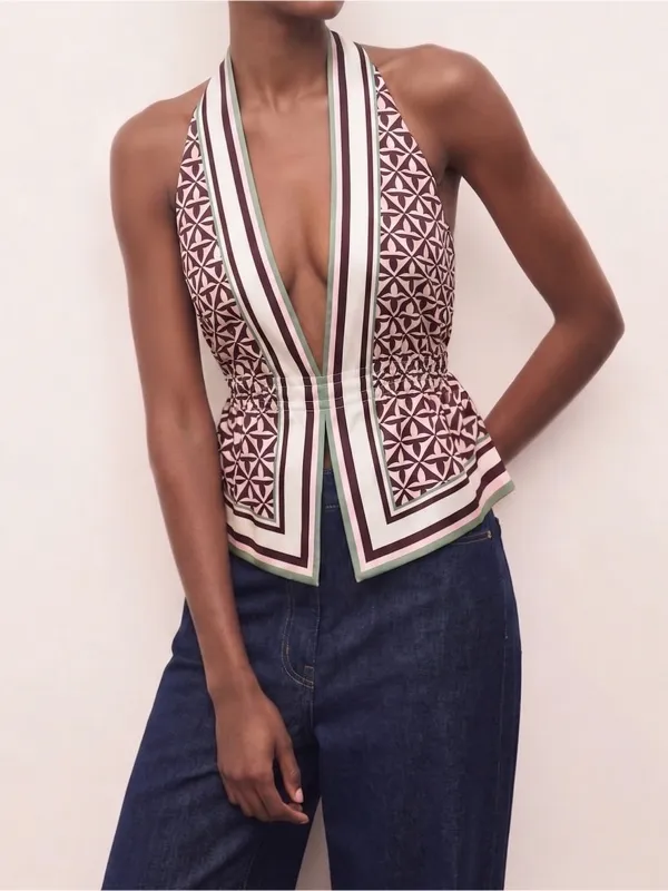 Geometric Print Cinched Waist Satin Top made by COMMENSE