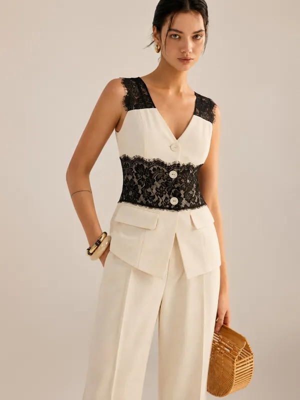 Lace Panel Sleeveless Vest & Pants Set made by COMMENSE