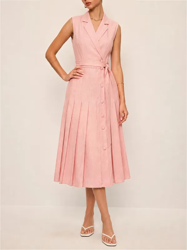 Cotton Linen Pleated Belted Blazer Dress made by COMMENSE