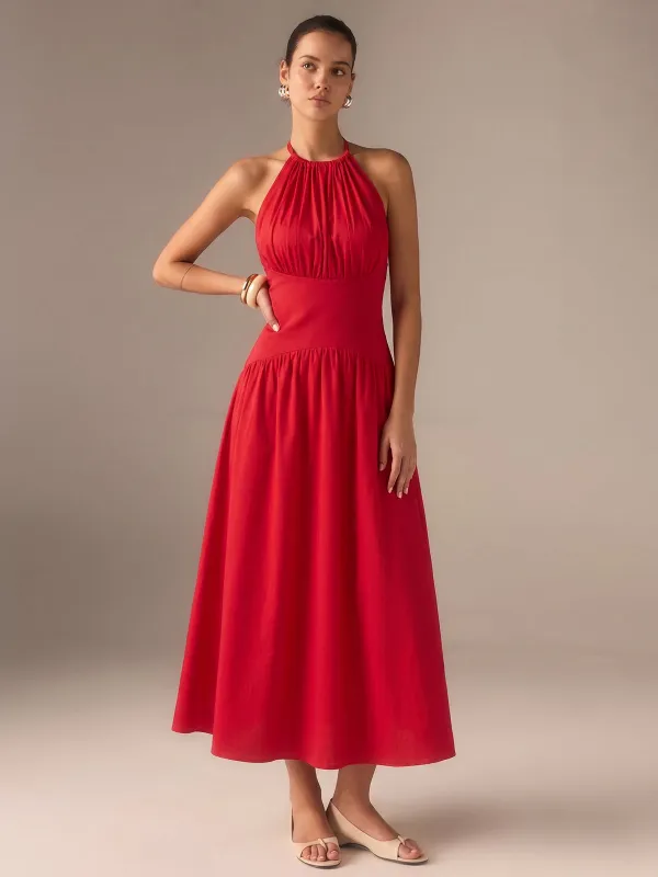 Back Bow Halter Neck Maxi Dress made by COMMENSE
