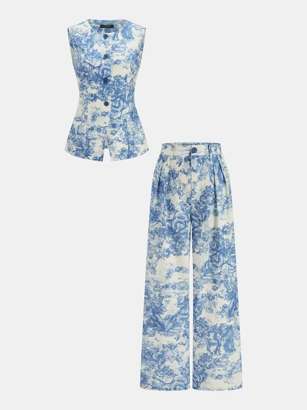 Toile Print Vest & Wide-Leg Pants Set made by COMMENSE