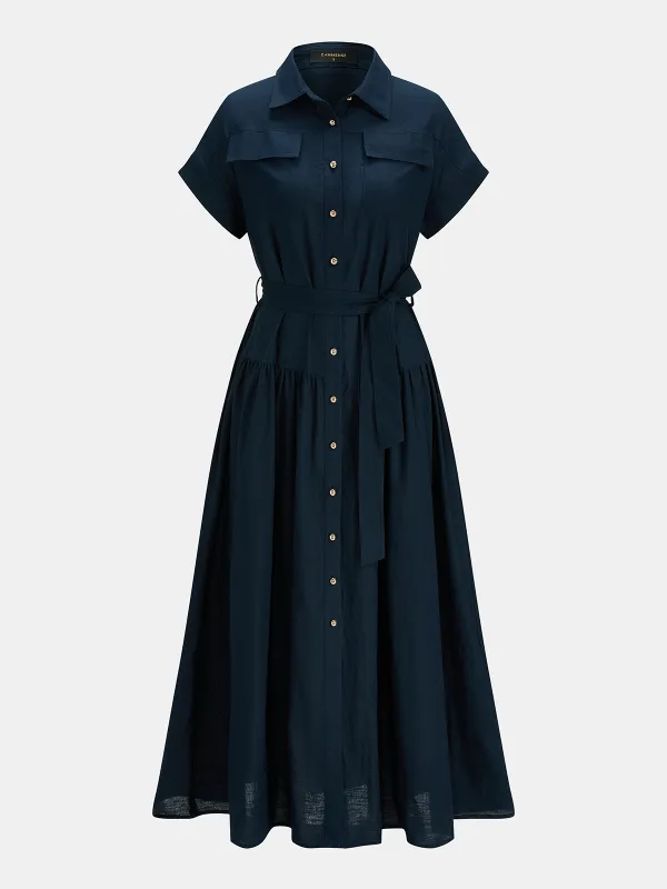 Cotton Linen Belted Short-Sleeve Shirt Dress made by COMMENSE