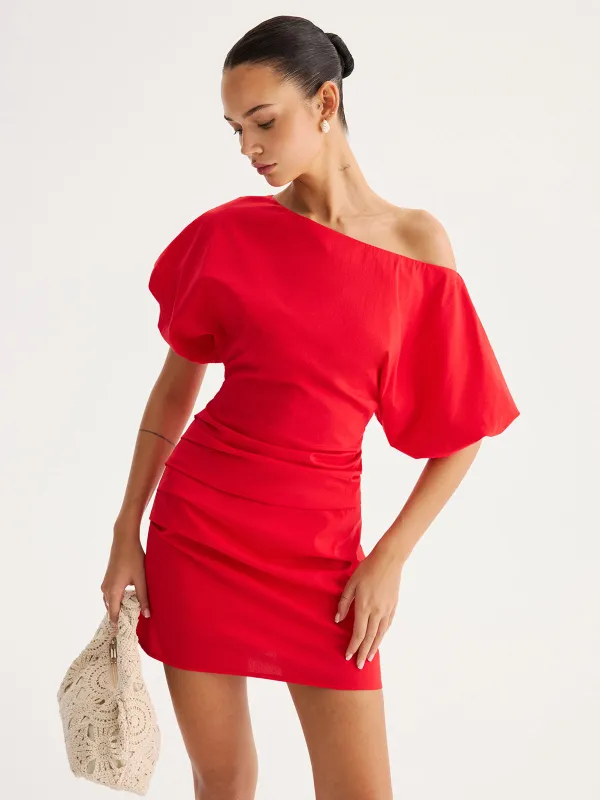 Off Shoulder Puff Sleeve Ruched Mini Dress made by COMMENSE