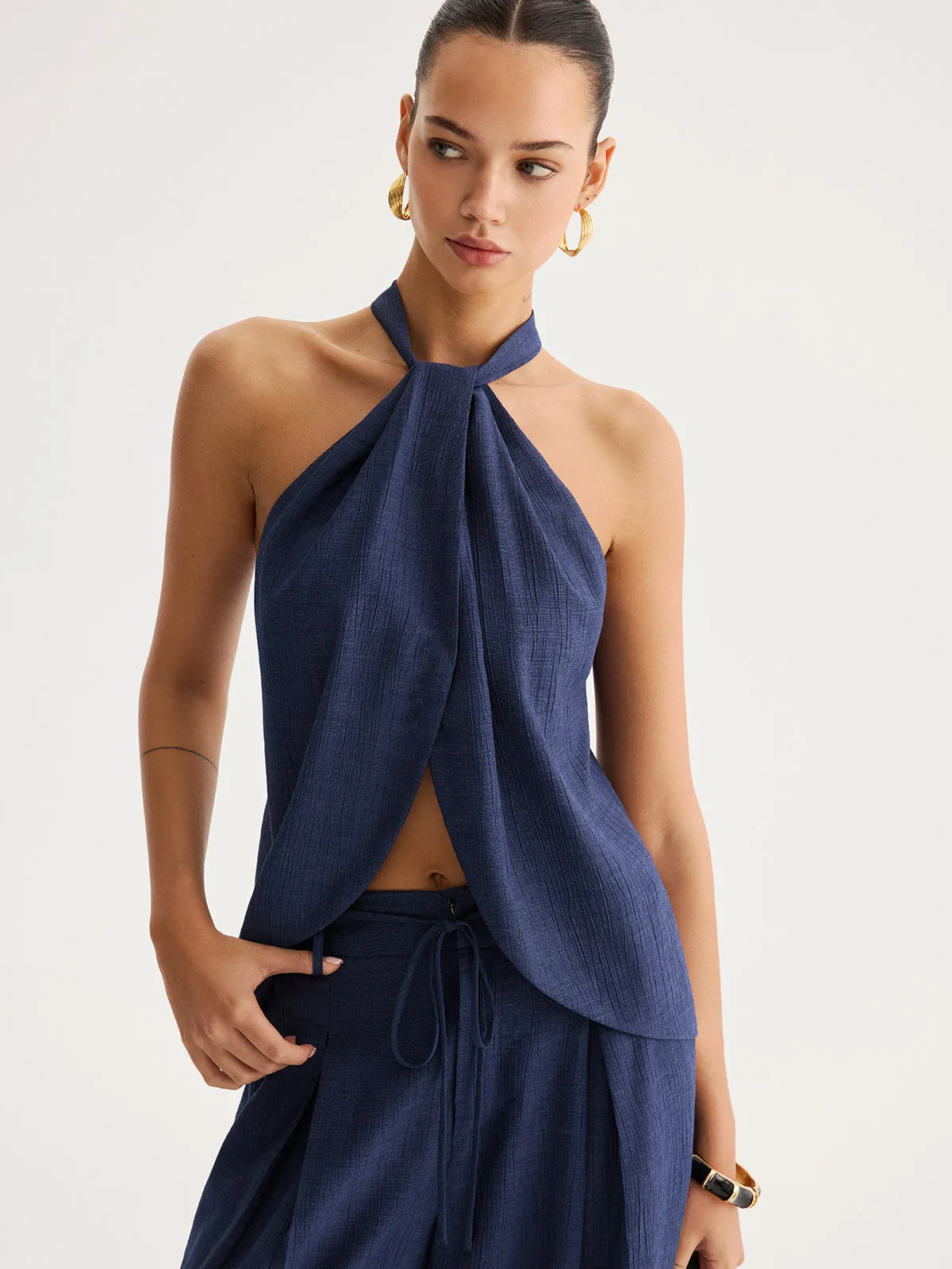 Slit-Front Halter Top & Wide Leg Pants Set sold by COMMENSE product image thumbnail 4