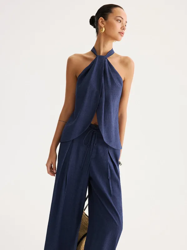 Slit-Front Halter Top & Wide Leg Pants Set made by COMMENSE