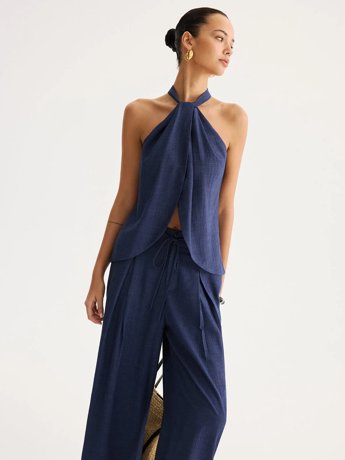 Slit-Front Halter Top & Wide Leg Pants Set sold by COMMENSE