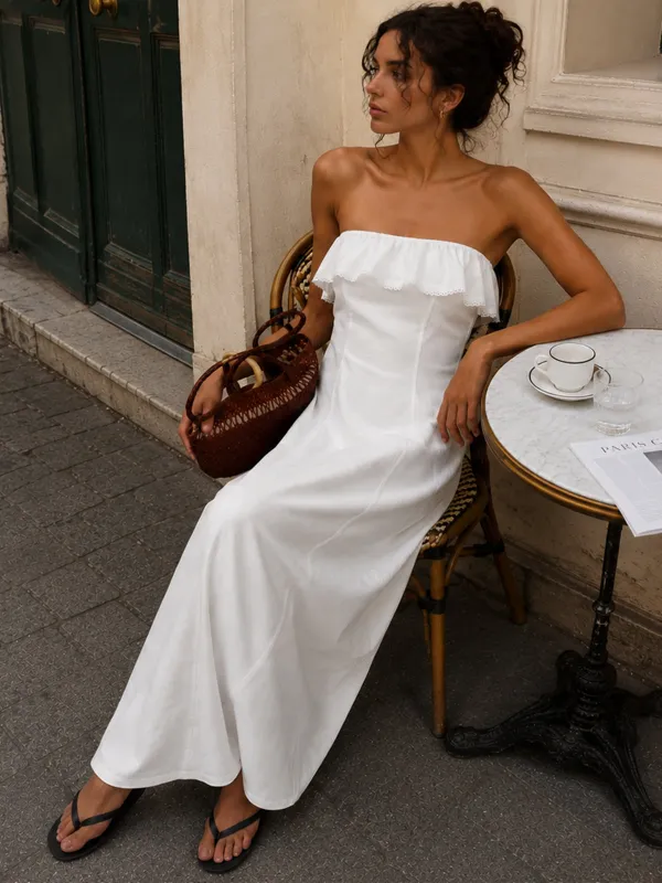 Detachable Straps Ruffled Trim Cotton Midi Dress made by COMMENSE