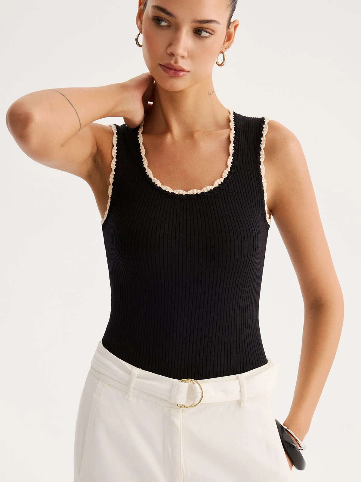 Ribbed Scallop Trim Knit Tank Top sold by COMMENSE product image thumbnail 3
