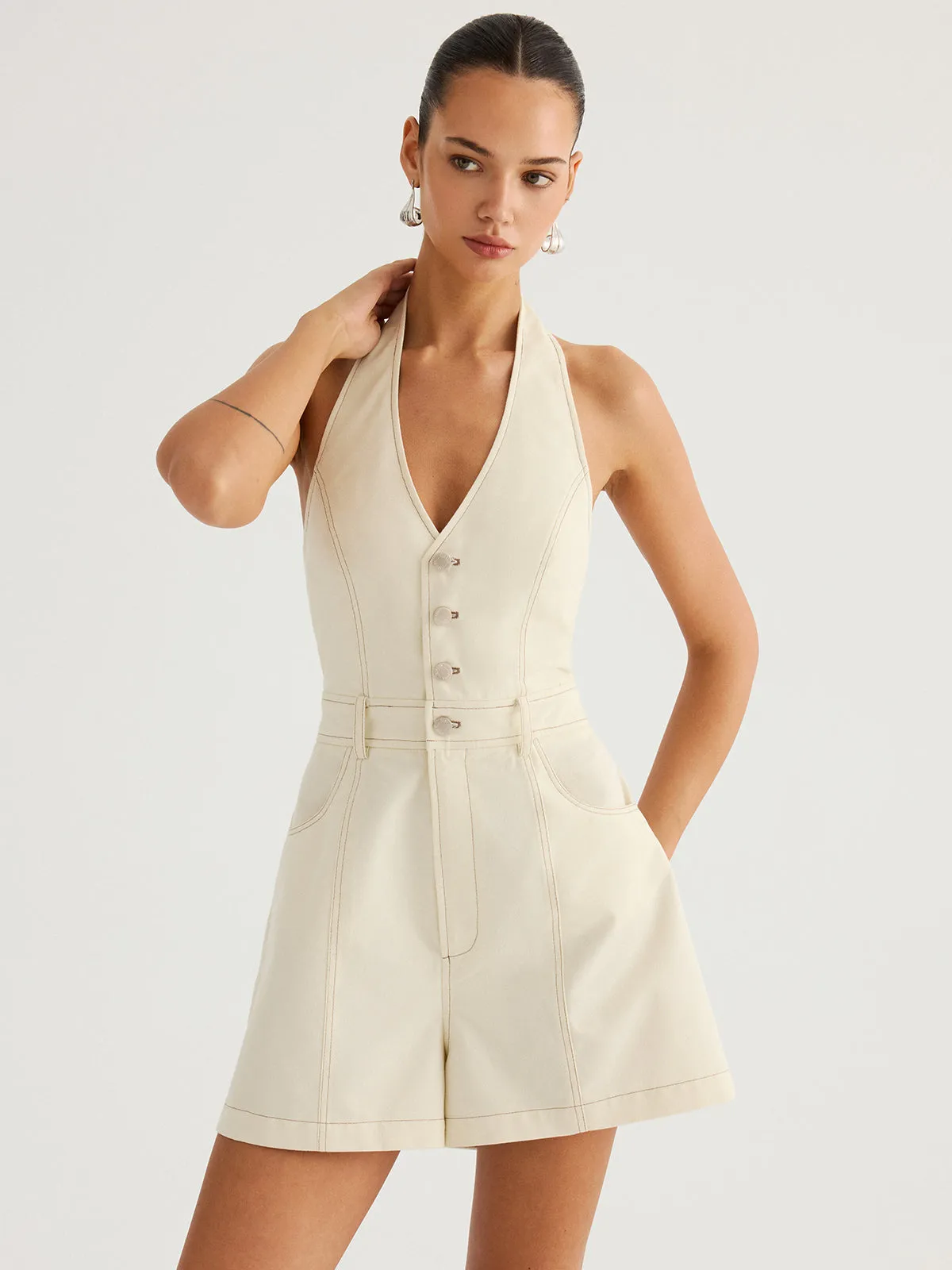 Cotton Halter V-Neck Tie-Back Romper sold by COMMENSE product image thumbnail 5