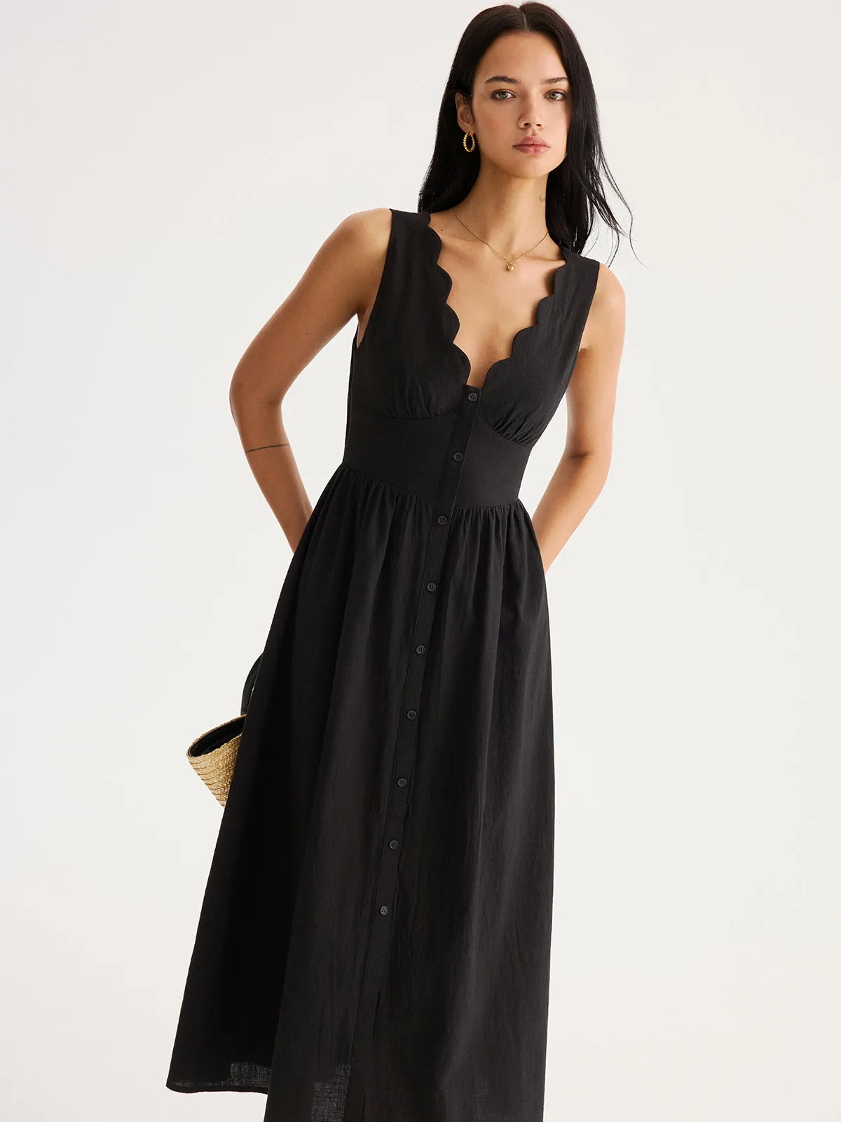 Scalloped Neckline Tie-Back Cotton Maxi Dress sold by COMMENSE product image thumbnail 5