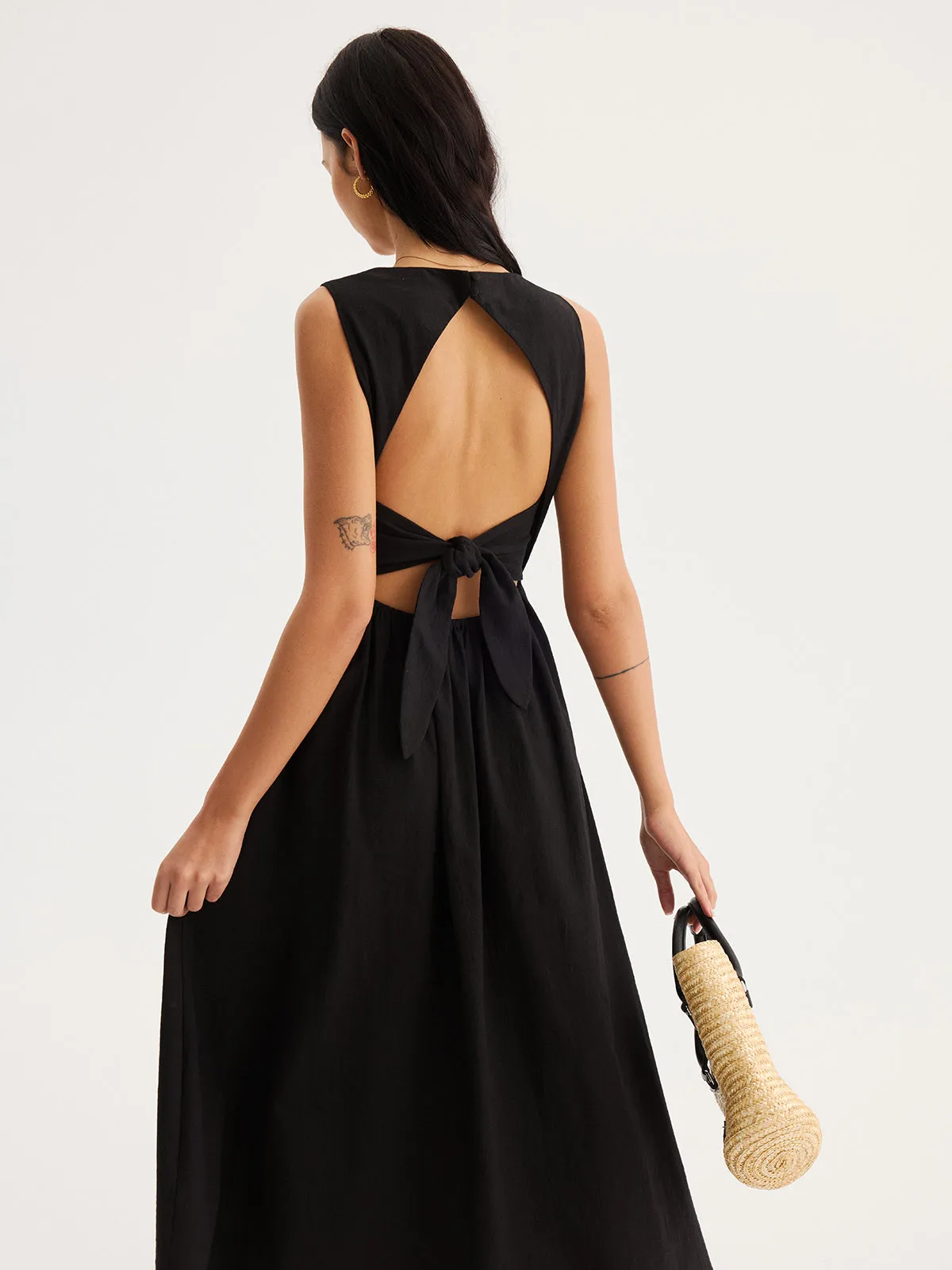 Scalloped Neckline Tie-Back Cotton Maxi Dress sold by COMMENSE product image thumbnail 2