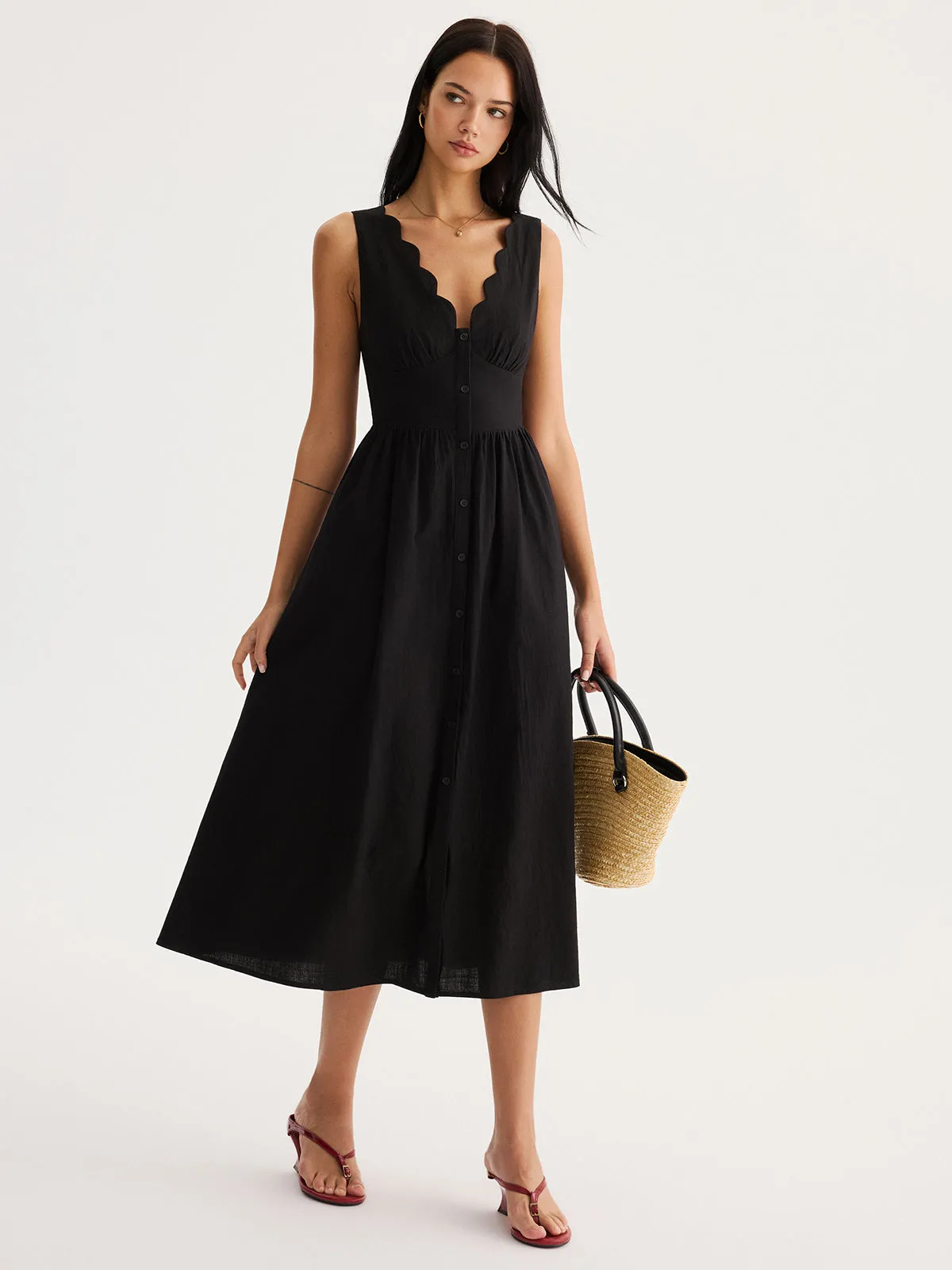 Scalloped Neckline Tie-Back Cotton Maxi Dress sold by COMMENSE product image thumbnail 3