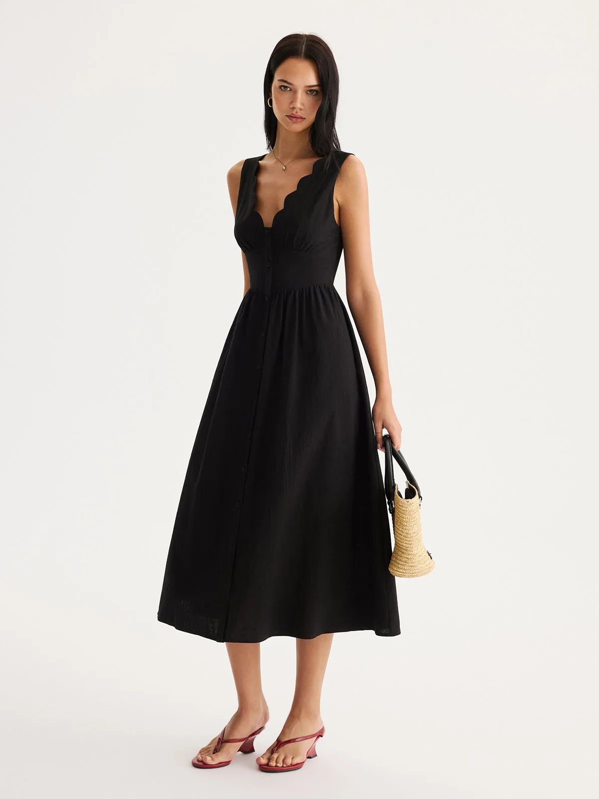 Scalloped Neckline Tie-Back Cotton Maxi Dress sold by COMMENSE product image thumbnail 4