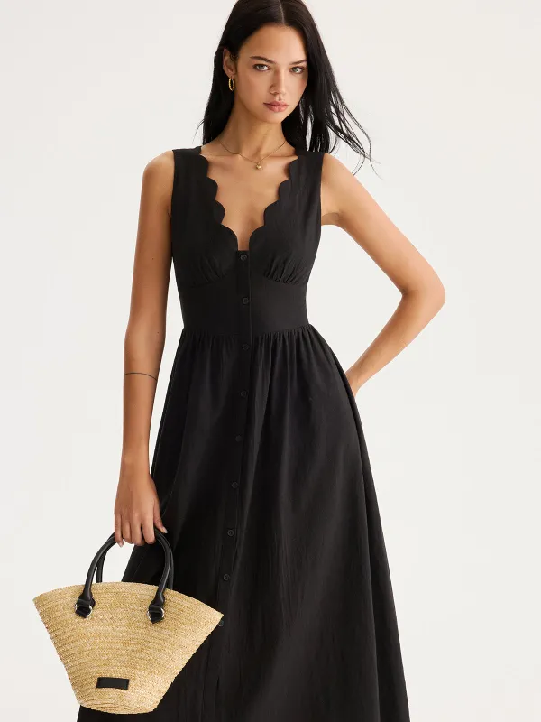 Scalloped Neckline Tie-Back Cotton Maxi Dress made by COMMENSE