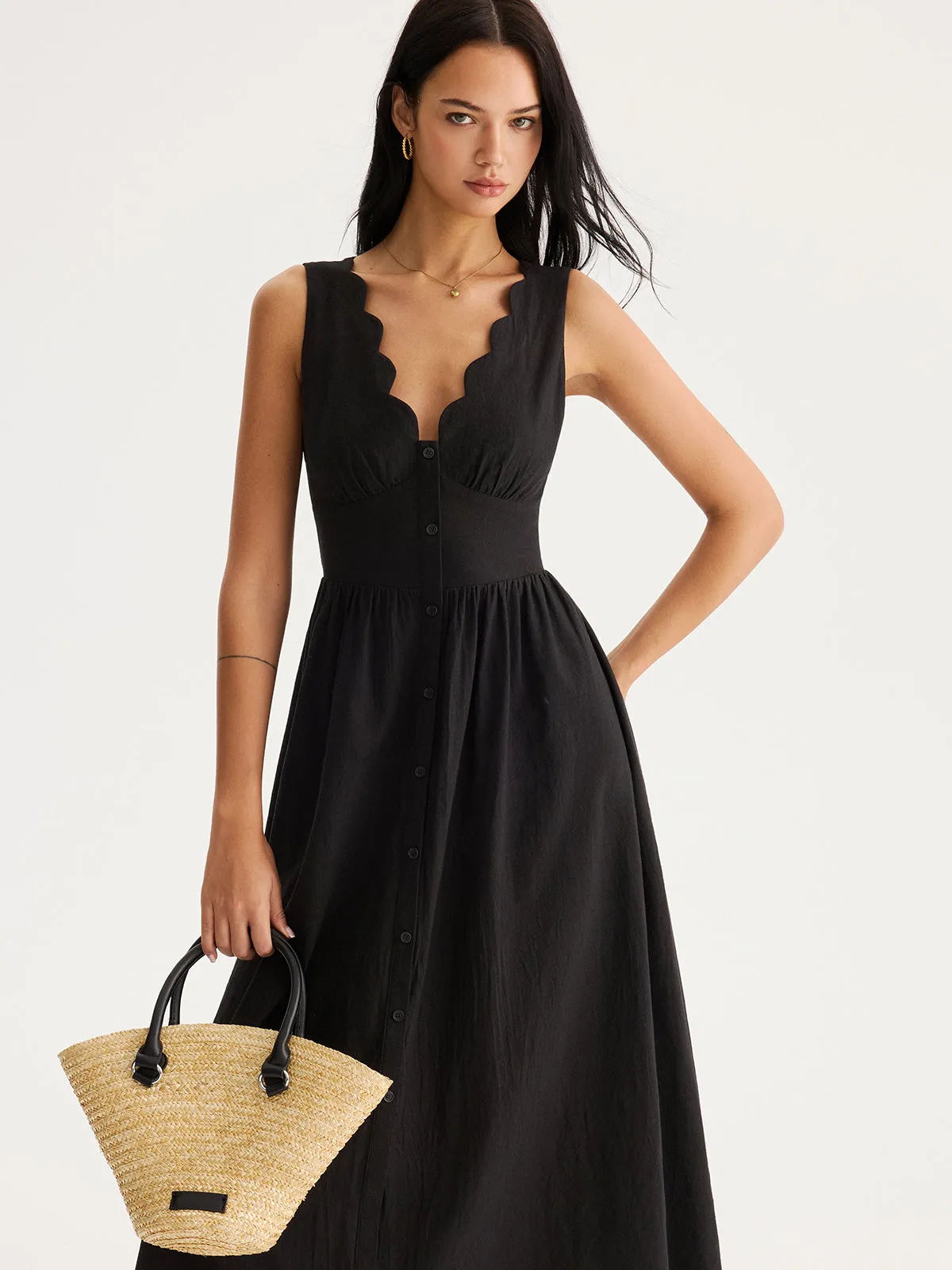 Scalloped Neckline Tie-Back Cotton Maxi Dress sold by COMMENSE