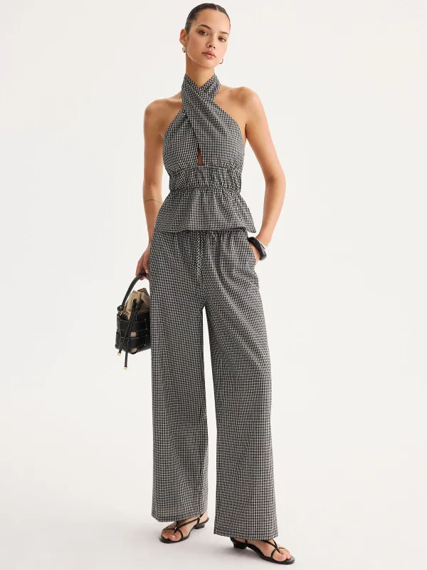 Halter Gingham Peplum Top & Pants Set made by COMMENSE