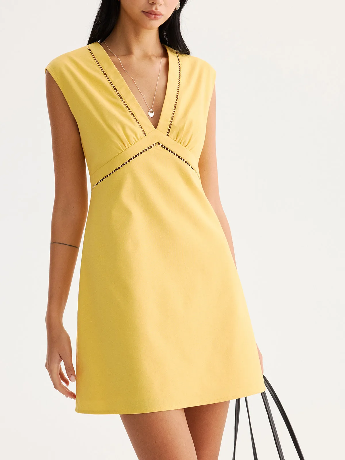 Linen Blend Eyelet Trim Sleeveless Mini Dress sold by COMMENSE product image thumbnail 4