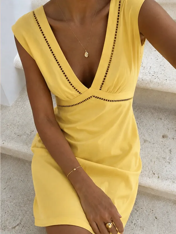 Linen Blend Eyelet Trim Sleeveless Mini Dress made by COMMENSE