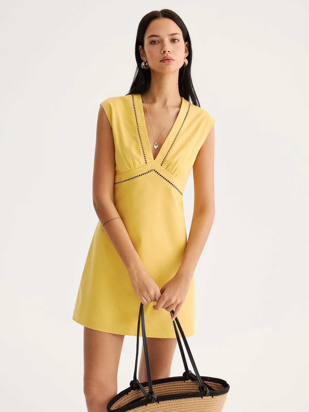 Linen Blend Eyelet Trim Sleeveless Mini Dress sold by COMMENSE product image thumbnail 5