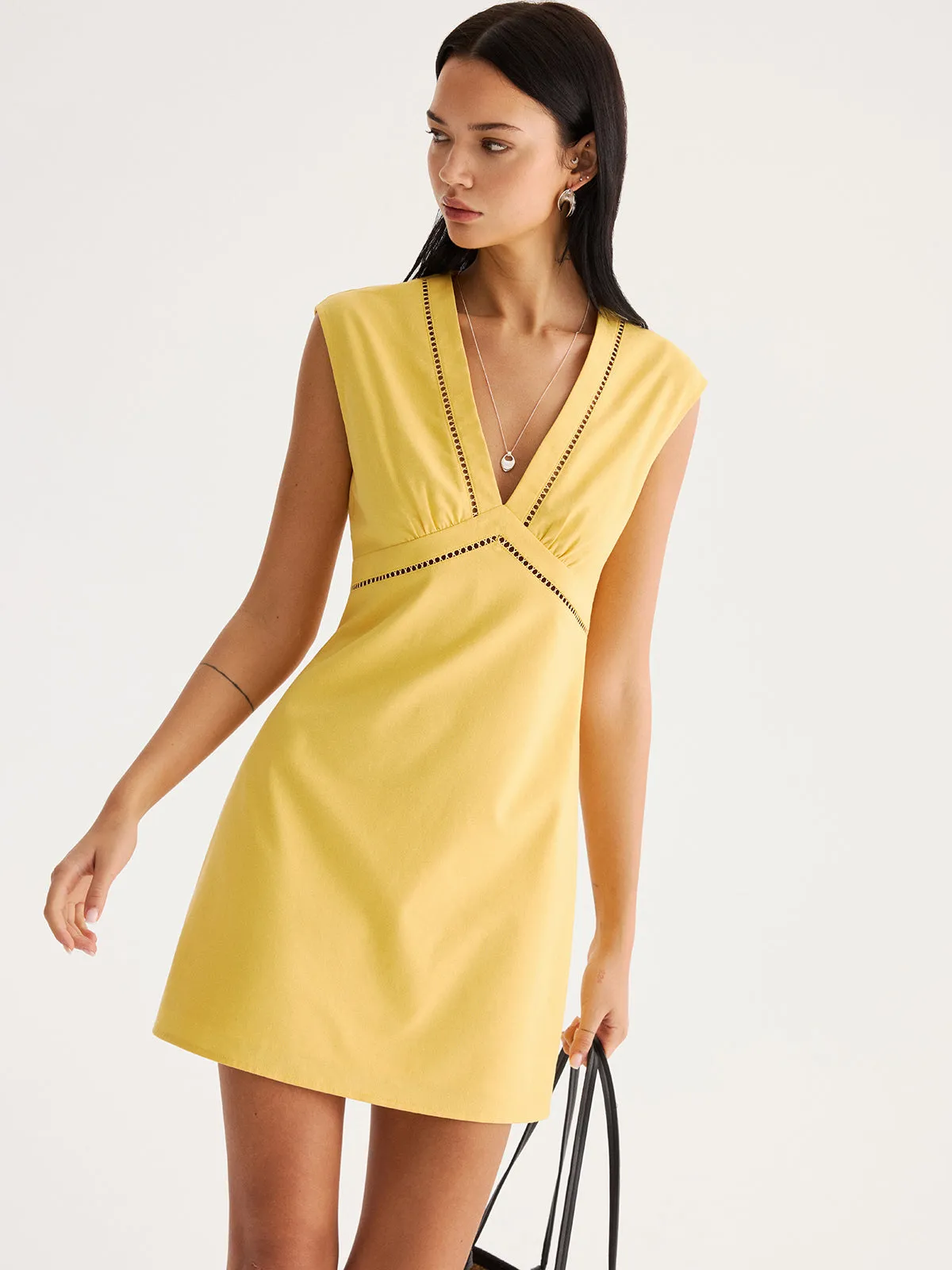 Linen Blend Eyelet Trim Sleeveless Mini Dress sold by COMMENSE product image thumbnail 2