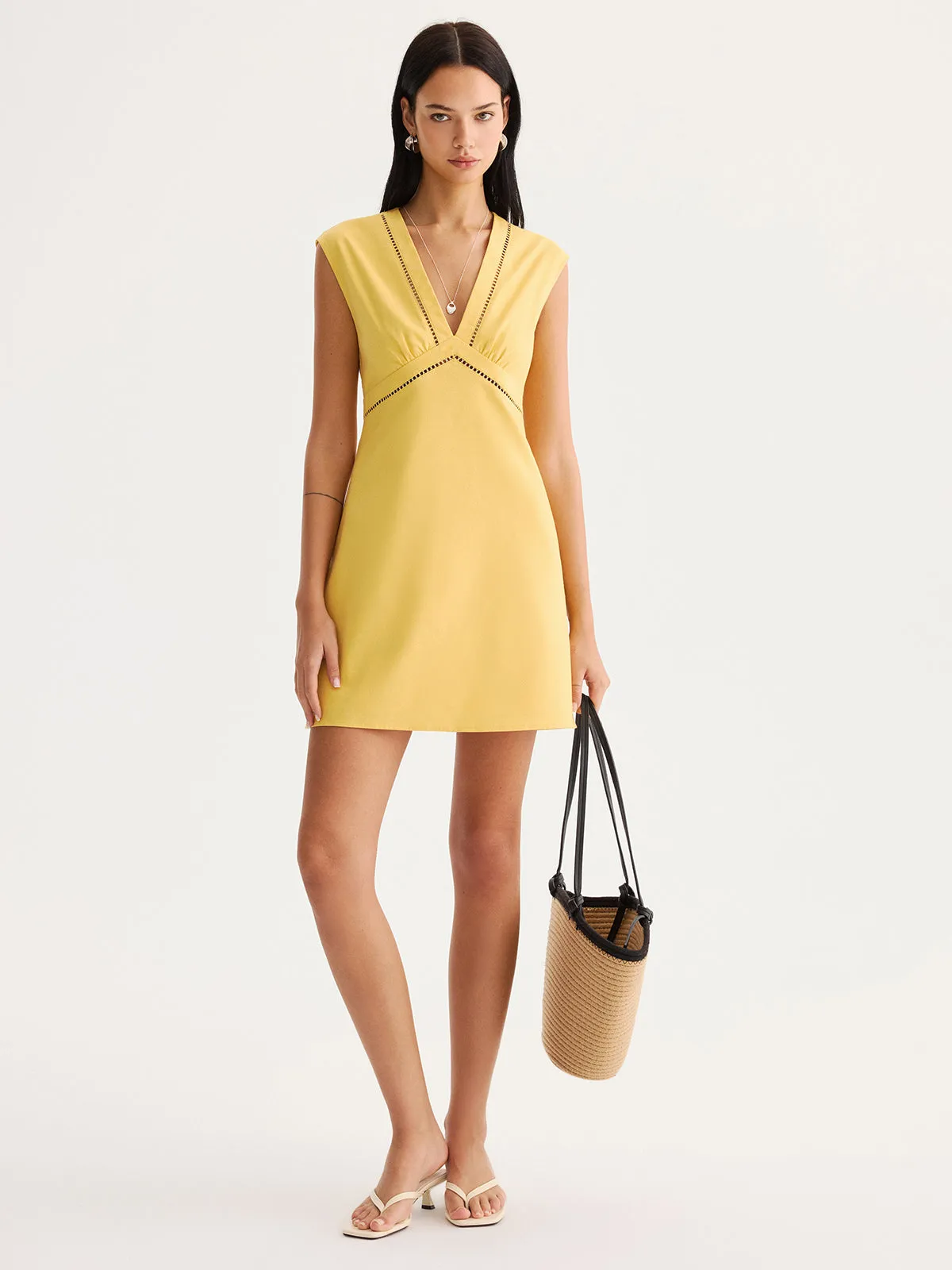 Linen Blend Eyelet Trim Sleeveless Mini Dress sold by COMMENSE product image thumbnail 3