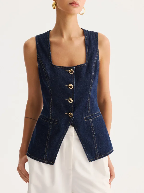 Square Neck Button Front Denim Vest made by COMMENSE
