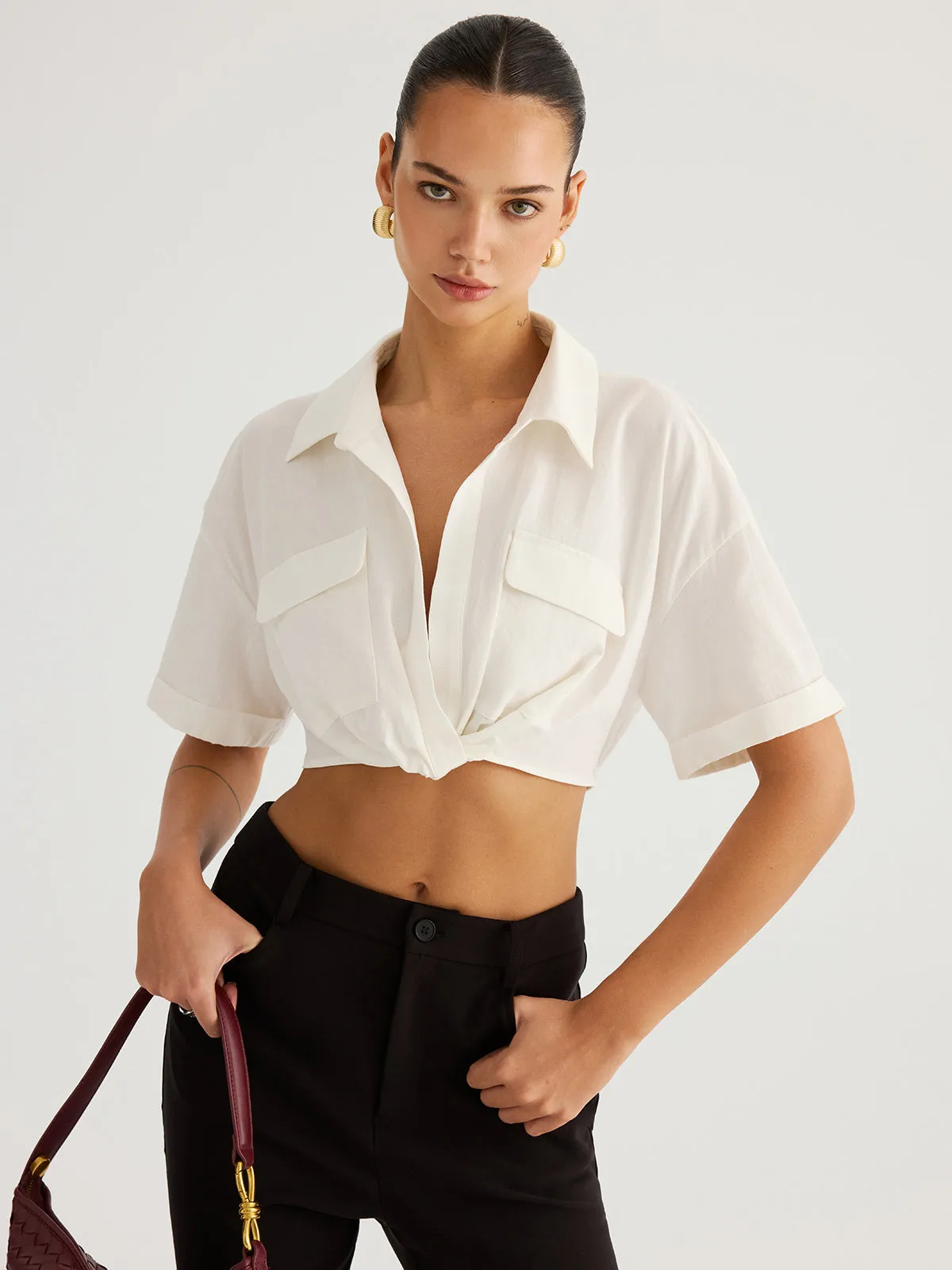 Twisted Cropped Short Sleeve Shirt sold by COMMENSE product image thumbnail 2