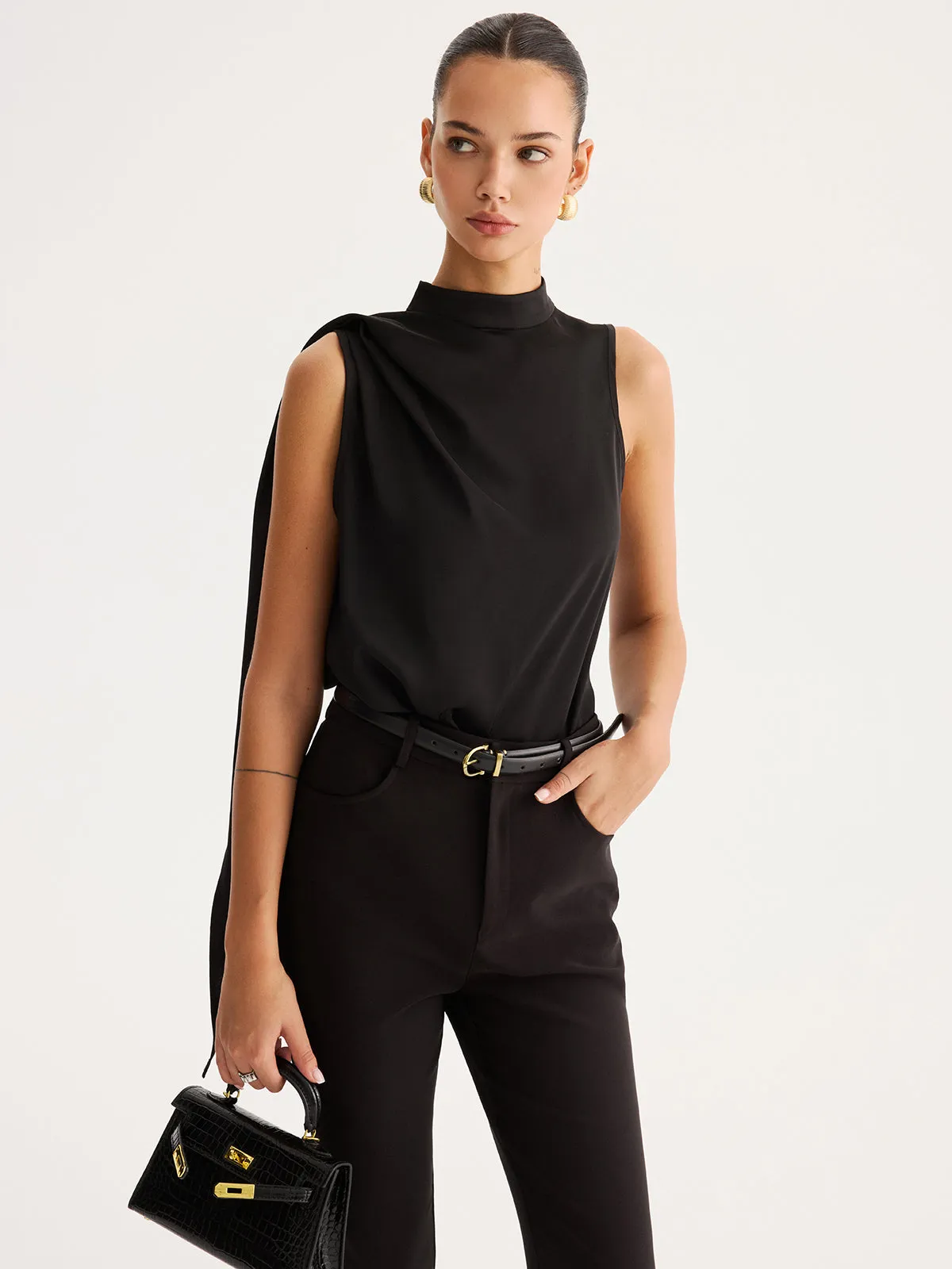 Asymmetric Tie Detail Satin Sleeveless Blouse sold by COMMENSE product image thumbnail 4