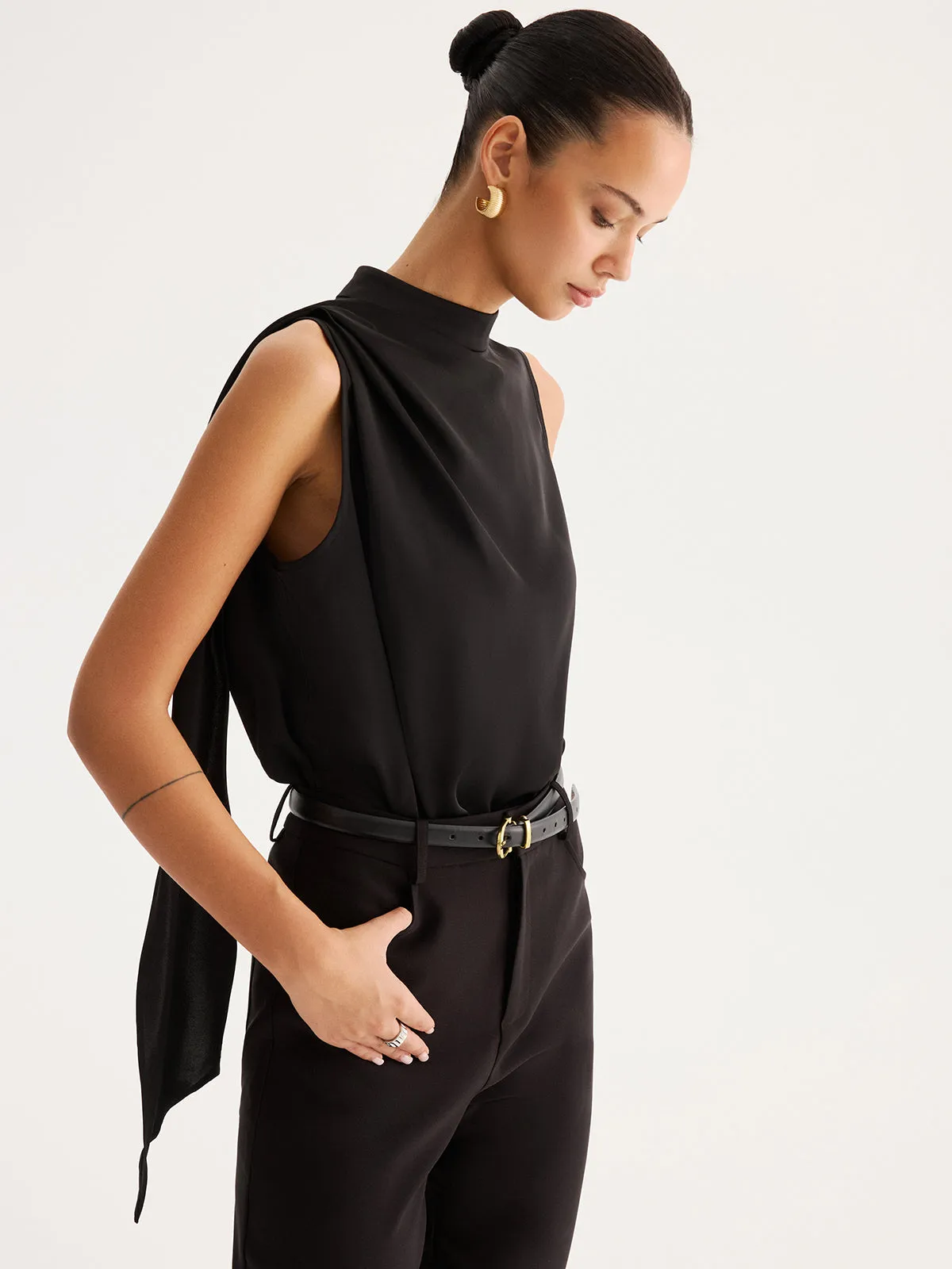 Asymmetric Tie Detail Satin Sleeveless Blouse sold by COMMENSE product image thumbnail 2