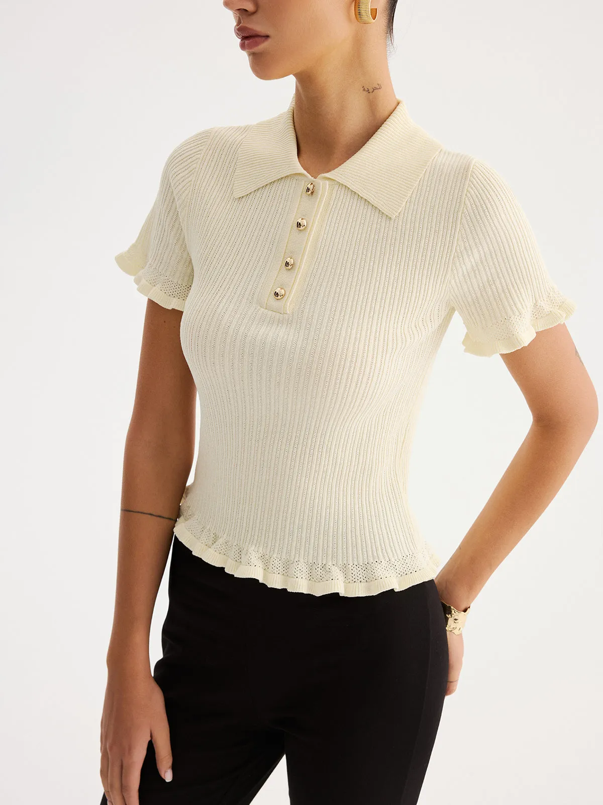 Ruffled Collared Ribbed Knit Top sold by COMMENSE product image thumbnail 3