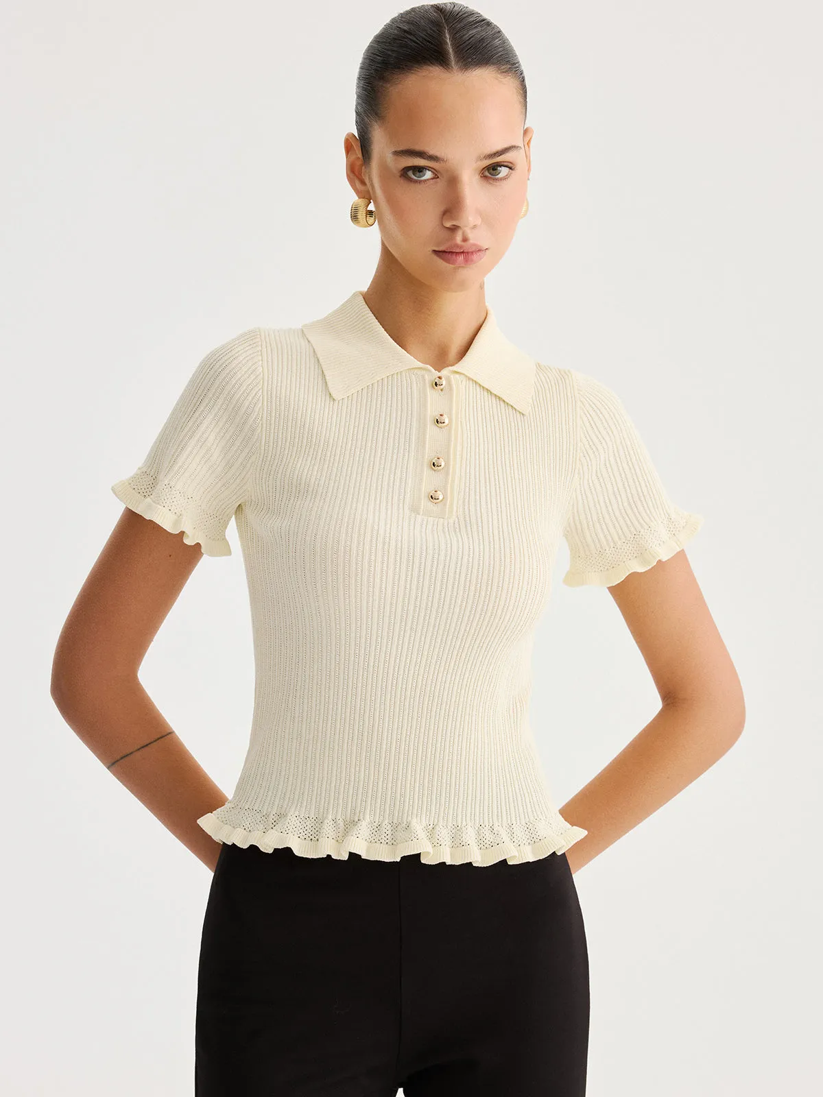 Ruffled Collared Ribbed Knit Top sold by COMMENSE product image thumbnail 4