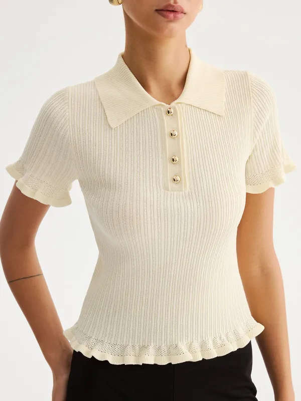 Ruffled Collared Ribbed Knit Top made by COMMENSE